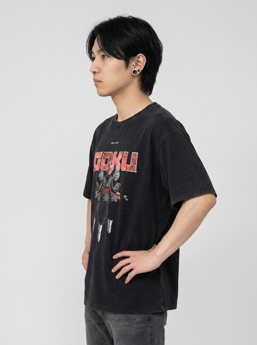 Washed Black Dragon Ball Anime T-shirt for Summer Fashion model side profile athletic — washed cotton t-shirt | Tempus Arc premium anime streetwear