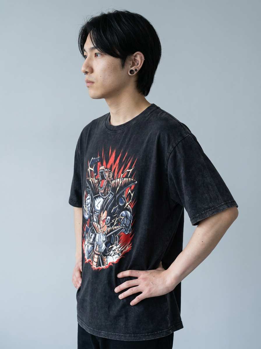 Washed Black Dragon Ball Anime T-shirt for Summer Fashion model side profile athletic — washed cotton t-shirt | Tempus Arc premium anime streetwear