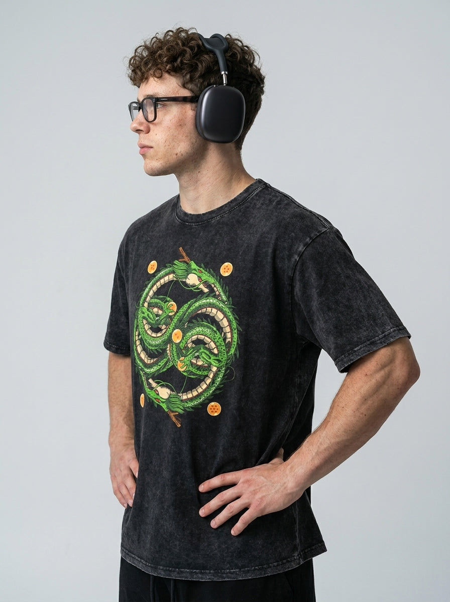Washed Black Dragon Ball Anime T-shirt for Summer Fashion model side profile athletic — washed cotton t-shirt | Tempus Arc premium anime streetwear