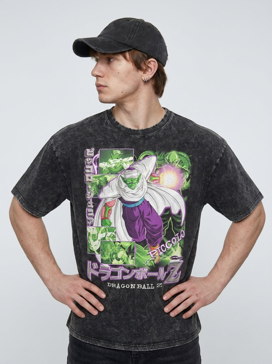 Washed Black Dragon Ball Anime T-shirt for Summer Fashion model side profile athletic — washed cotton t-shirt | Tempus Arc premium anime streetwear