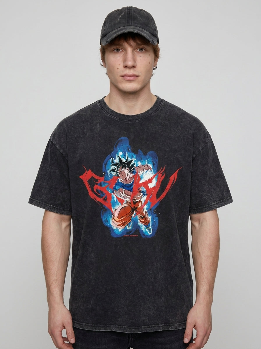 Washed Black Dragon Ball Anime T-shirt for Summer Fashion full body model — oversized boxed t-shirt | Tempus Arc premium anime streetwear