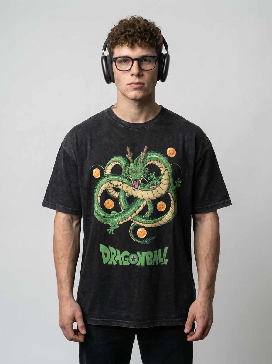 Washed Black Dragon Ball Anime T-shirt for Summer Fashion full body model — oversized boxed t-shirt | Tempus Arc premium anime streetwear