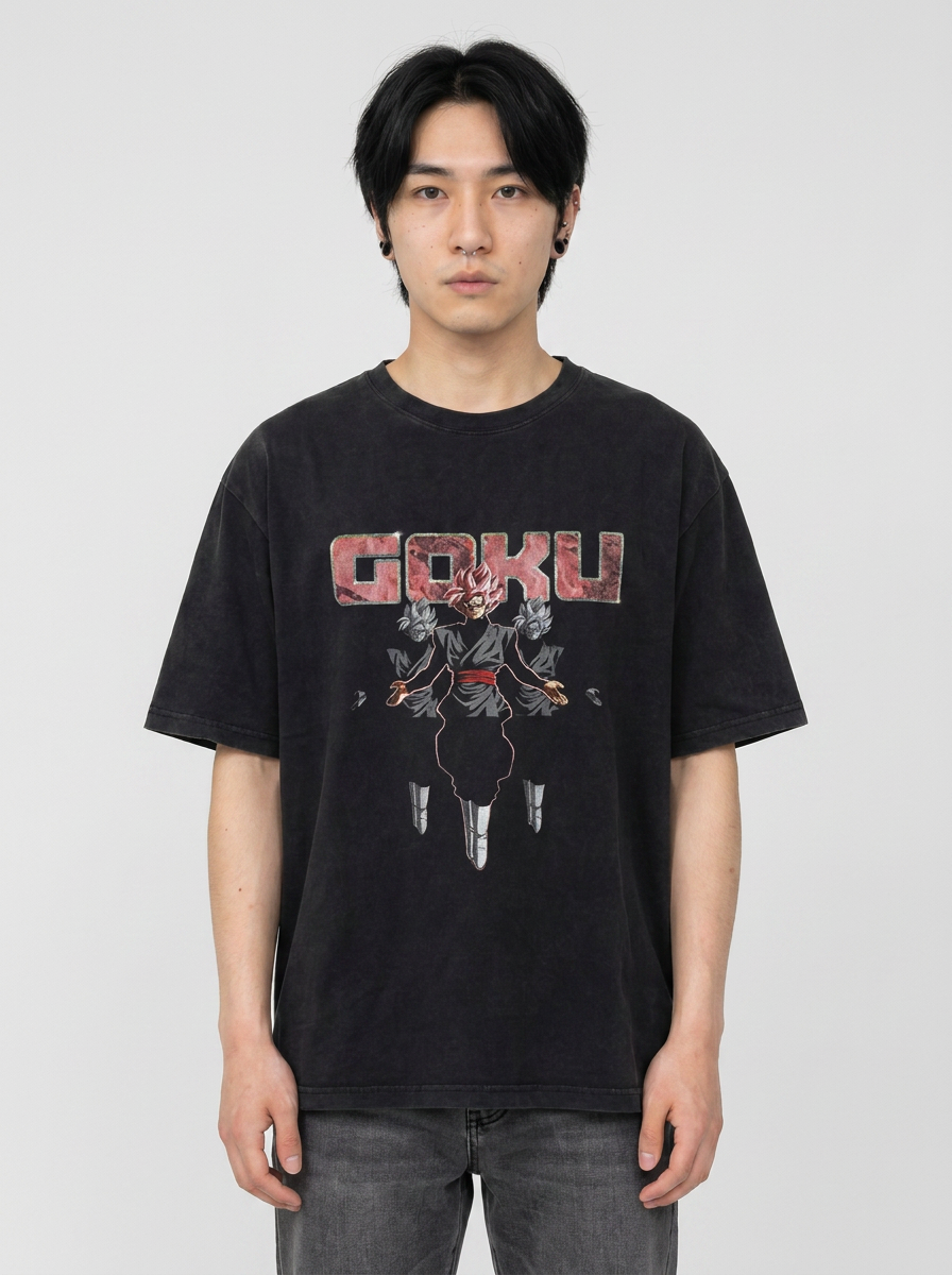 Washed Black Dragon Ball Anime T-shirt for Summer Fashion full body model — oversized boxed t-shirt | Tempus Arc premium anime streetwear