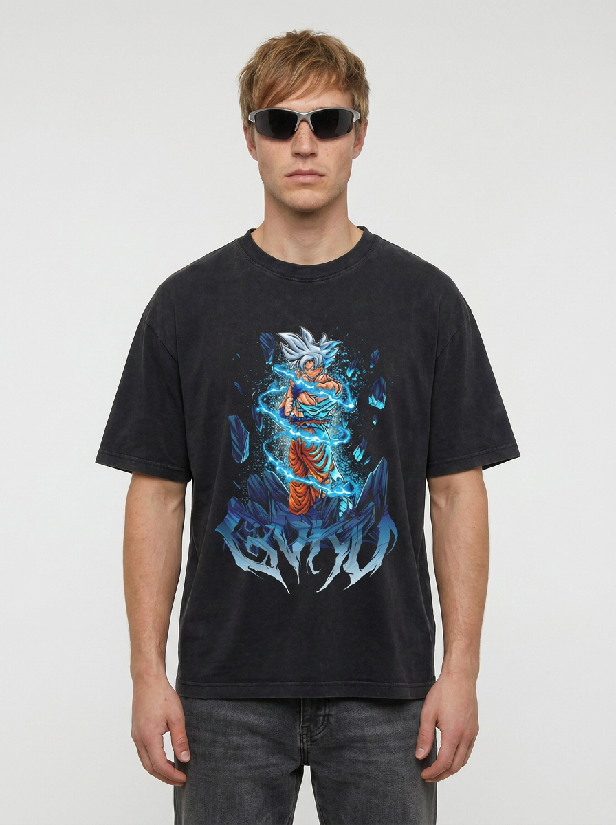 Washed Black Dragon Ball Anime T-shirt for Summer Fashion full body model — oversized boxed t-shirt | Tempus Arc premium anime streetwear