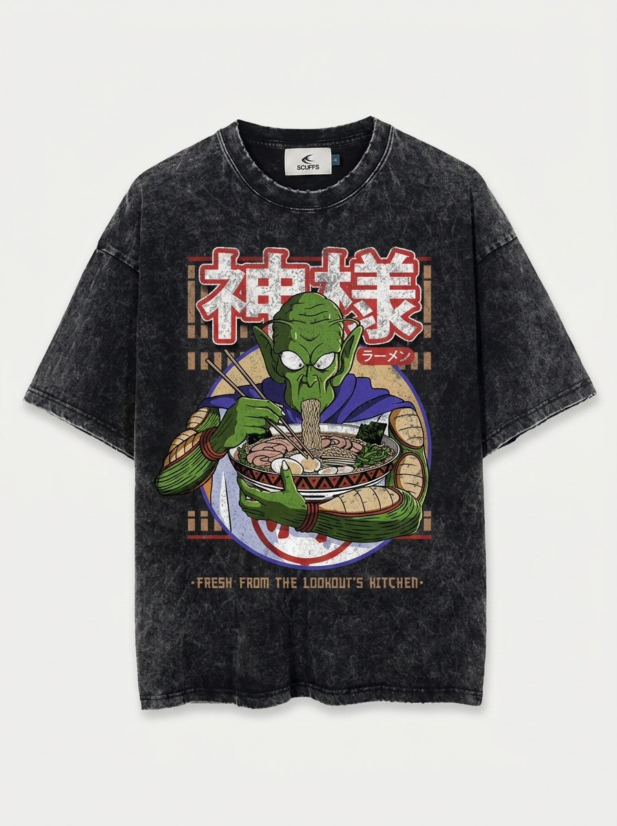 Washed Black Dragon Ball Anime T-shirt for Summer Fashion flat lay front view — washed black oversized t-shirt | Tempus Arc premium anime streetwear