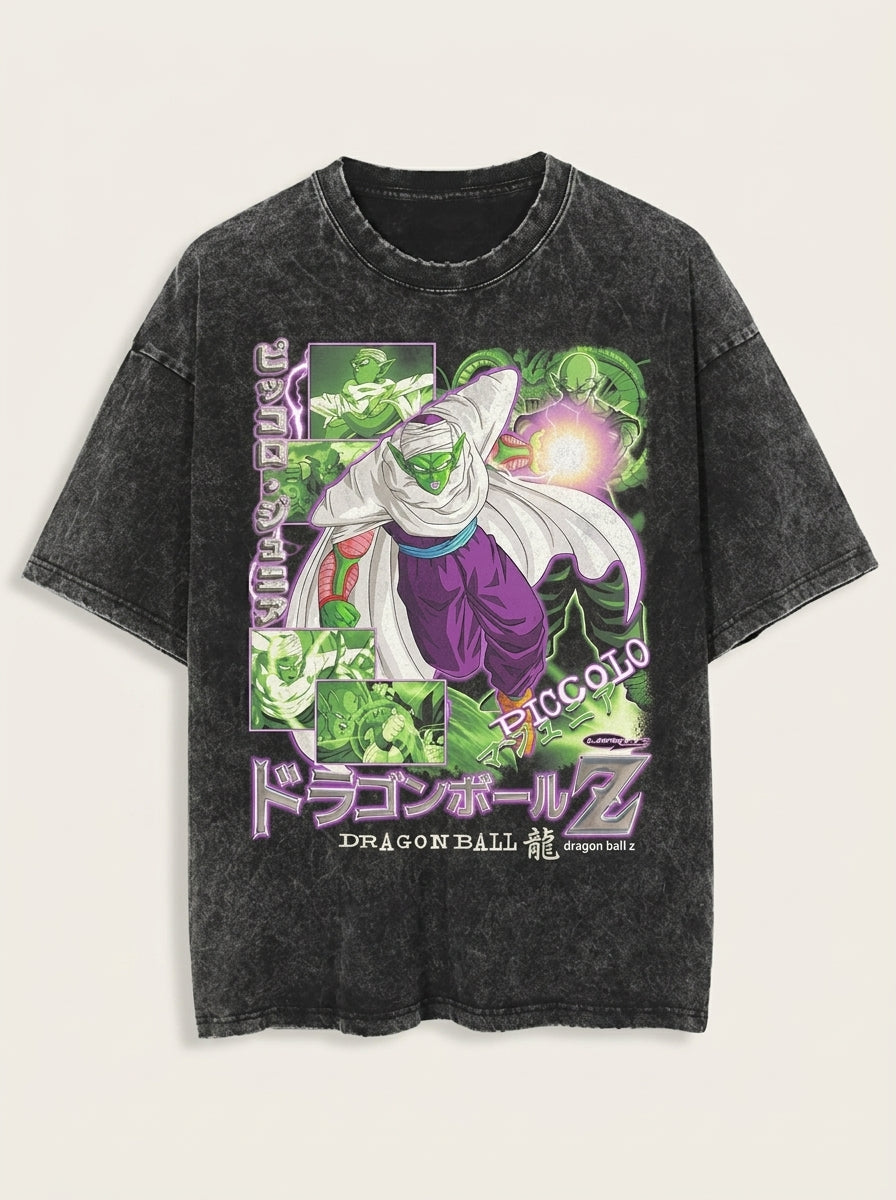 Washed Black Dragon Ball Anime T-shirt for Summer Fashion flat lay front view — washed black oversized t-shirt | Tempus Arc premium anime streetwear