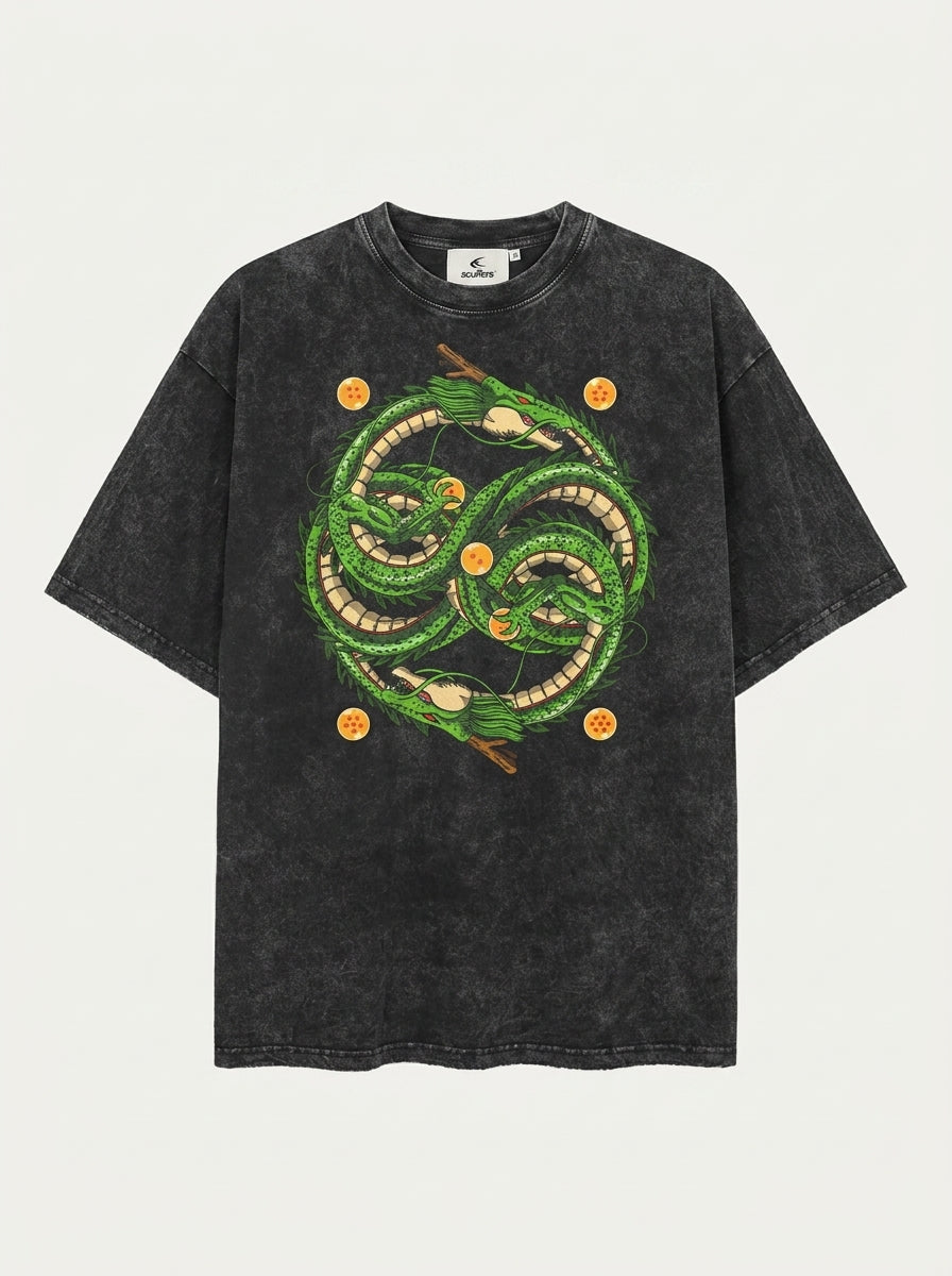 Washed Black Dragon Ball Anime T-shirt for Summer Fashion flat lay front view — washed black oversized t-shirt | Tempus Arc premium anime streetwear