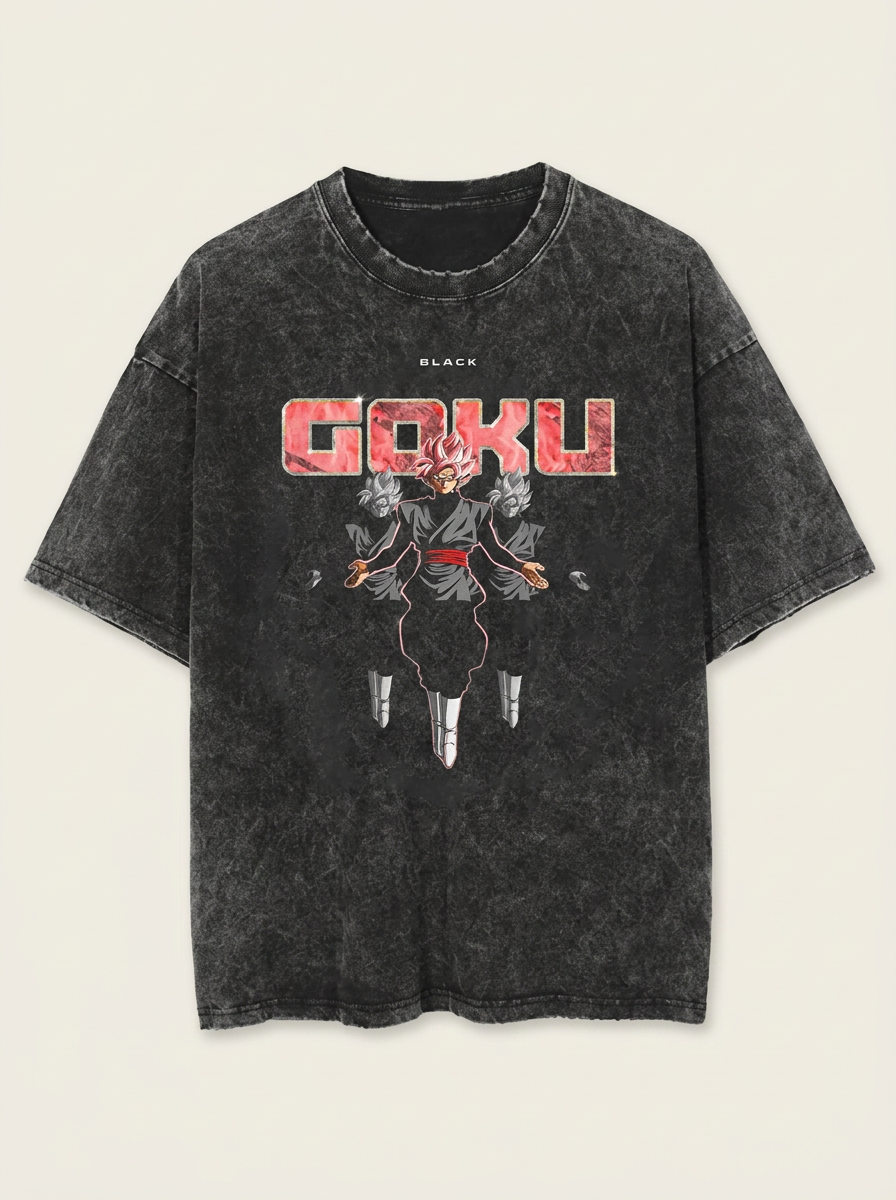 Washed Black Dragon Ball Anime T-shirt for Summer Fashion flat lay front view — washed black oversized t-shirt | Tempus Arc premium anime streetwear