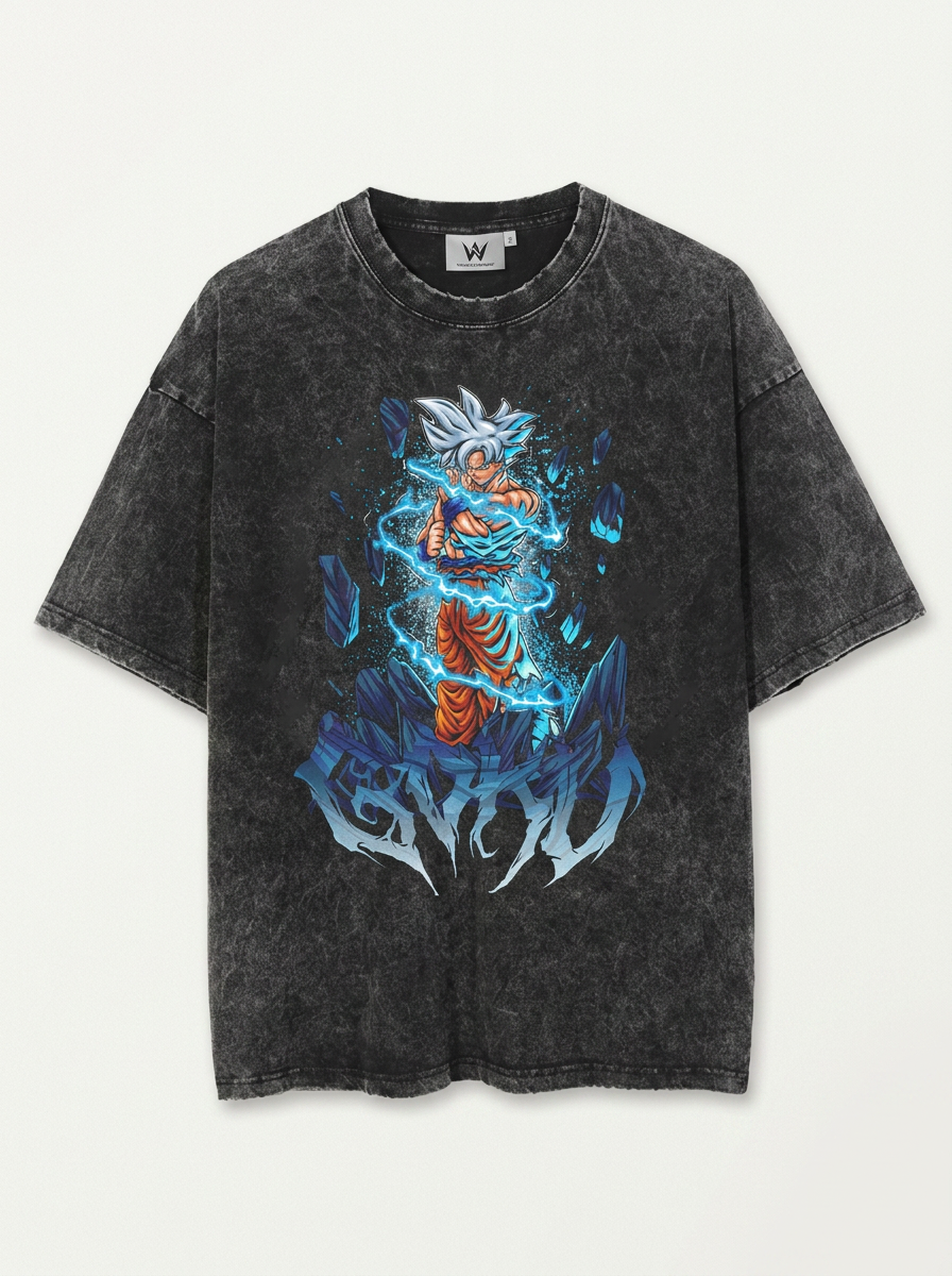 Washed Black Dragon Ball Anime T-shirt for Summer Fashion flat lay front view — washed black oversized t-shirt | Tempus Arc premium anime streetwear