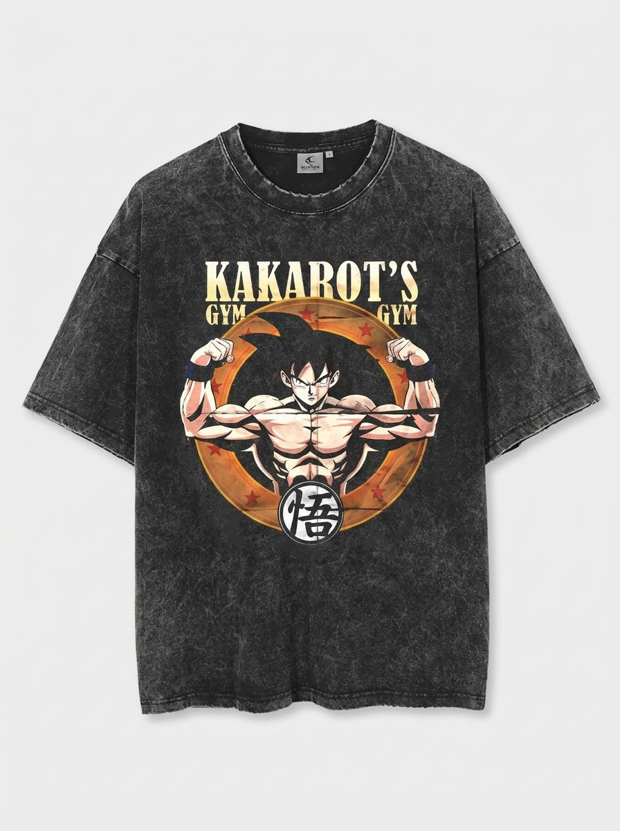 Washed Black Dragon Ball Anime T-shirt for Summer Fashion flat lay front view — washed black oversized t-shirt | Tempus Arc premium anime streetwear