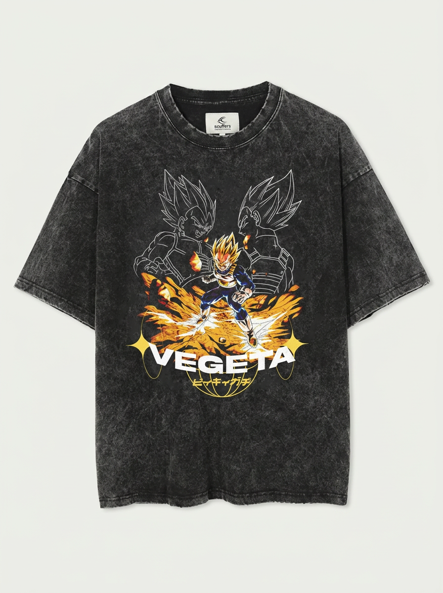 Washed Black Dragon Ball Anime T-shirt for Summer Fashion flat lay front view — washed black oversized t-shirt | Tempus Arc premium anime streetwear
