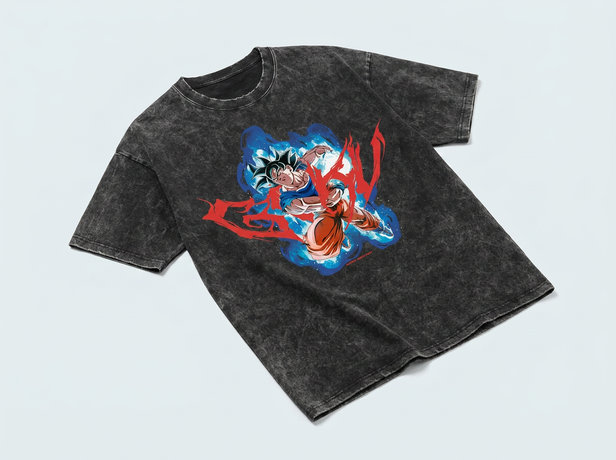 Washed Black Dragon Ball Anime T-shirt for Summer Fashion angle perspective shot — washed cotton t-shirt | Tempus Arc premium anime streetwear