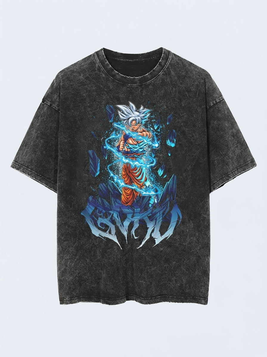 Washed Black Dragon Ball Anime T-shirt for Summer Fashion angle perspective shot — washed cotton t-shirt | Tempus Arc premium anime streetwear