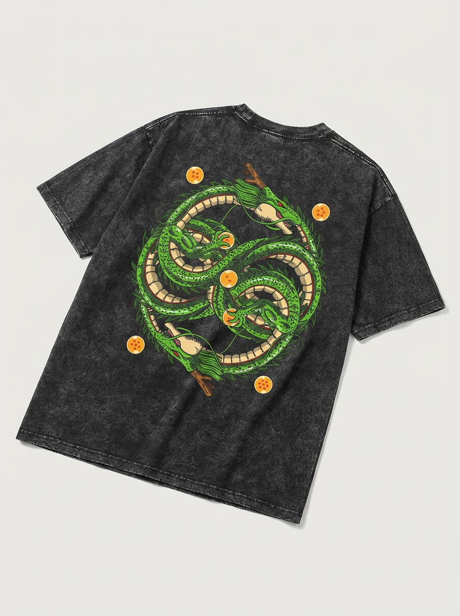 Washed Black Dragon Ball Anime T-shirt for Summer Fashion angle perspective shot — washed cotton t-shirt | Tempus Arc premium anime streetwear