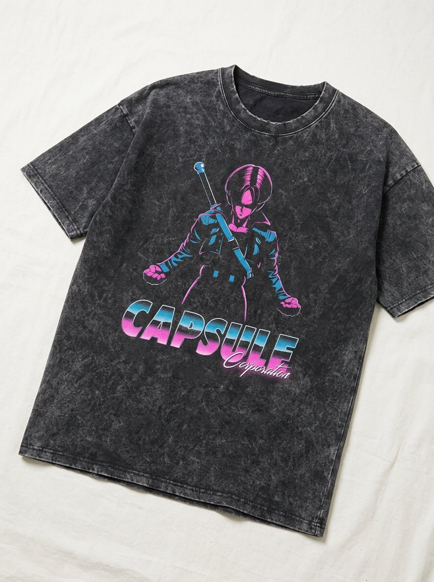 Washed Black Dragon Ball Anime T-shirt for Summer Fashion angle perspective shot — washed cotton t-shirt | Tempus Arc premium anime streetwear