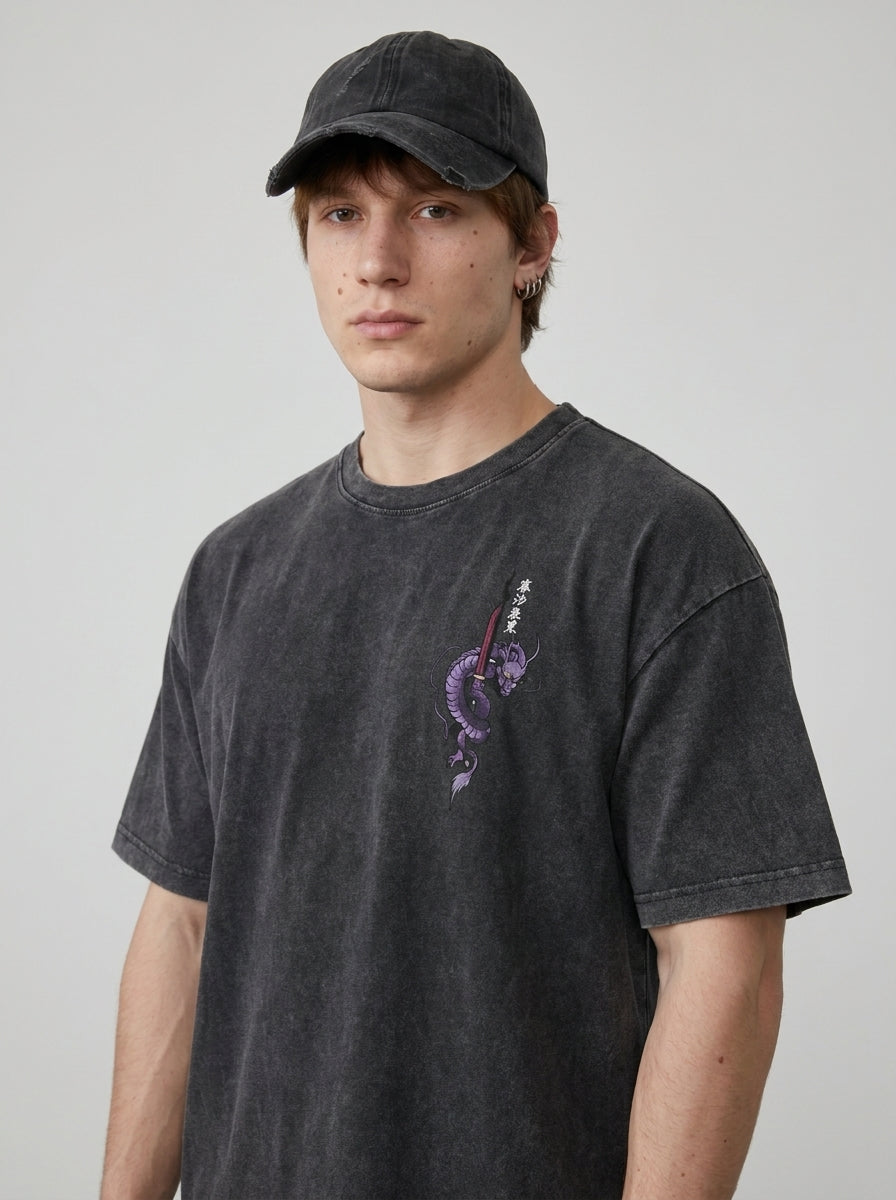 Washed vintage T-shirt street hip-hop anime - KT0O1BY3U on male model — washed black t-shirt front view | Tempus Arc premium anime streetwear