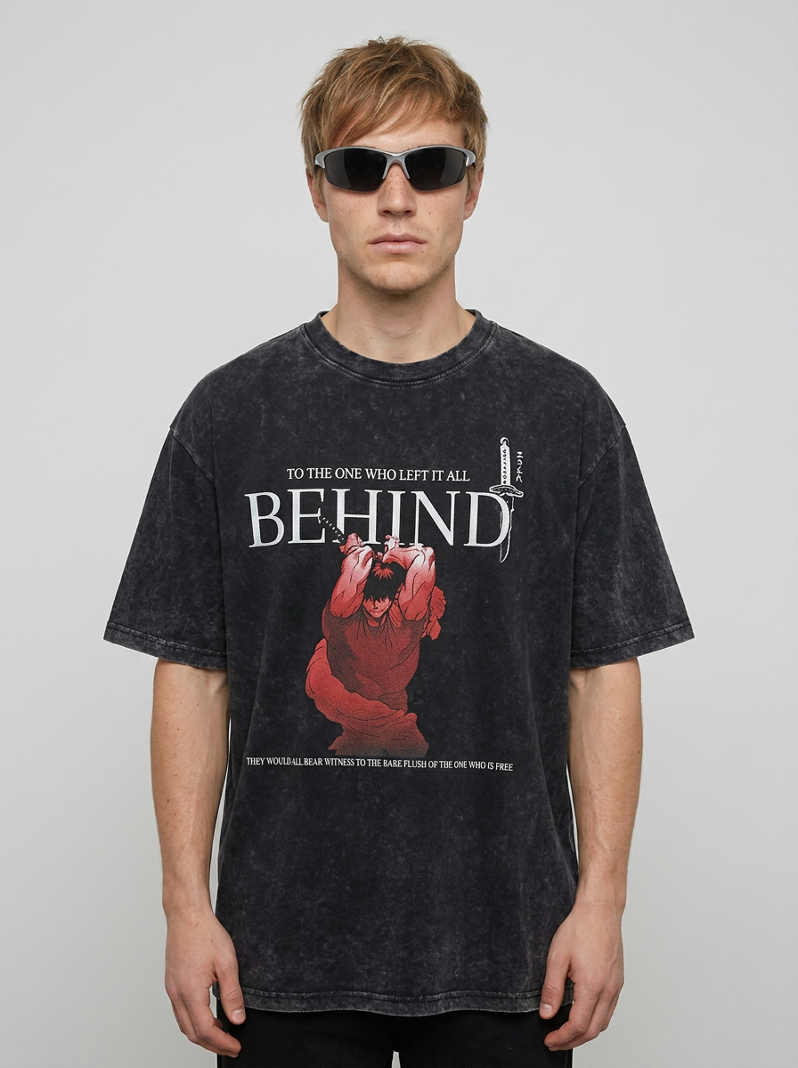 Washed vintage T-shirt street hip-hop anime - N0SQH4P5M on male model — washed black t-shirt front view | Tempus Arc premium anime streetwear