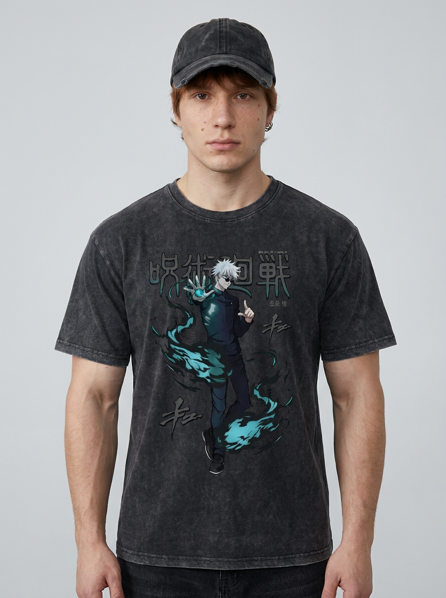 Washed vintage T-shirt street hip-hop anime - 4KUY0RZCG on male model — washed black t-shirt front view | Tempus Arc premium anime streetwear