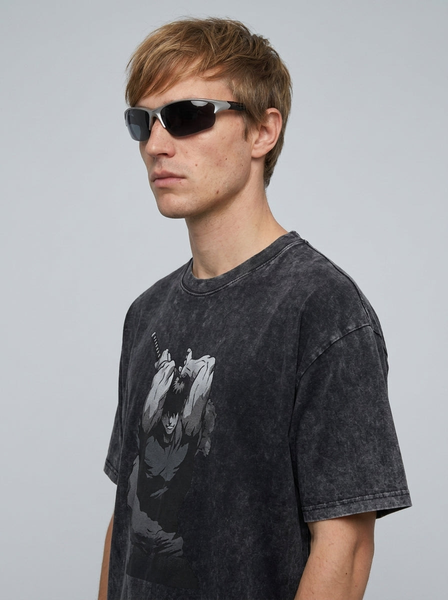 Washed vintage T-shirt street hip-hop anime - N0SQH4P5M side view on model — oversized washed cotton t-shirt | Tempus Arc premium anime streetwear
