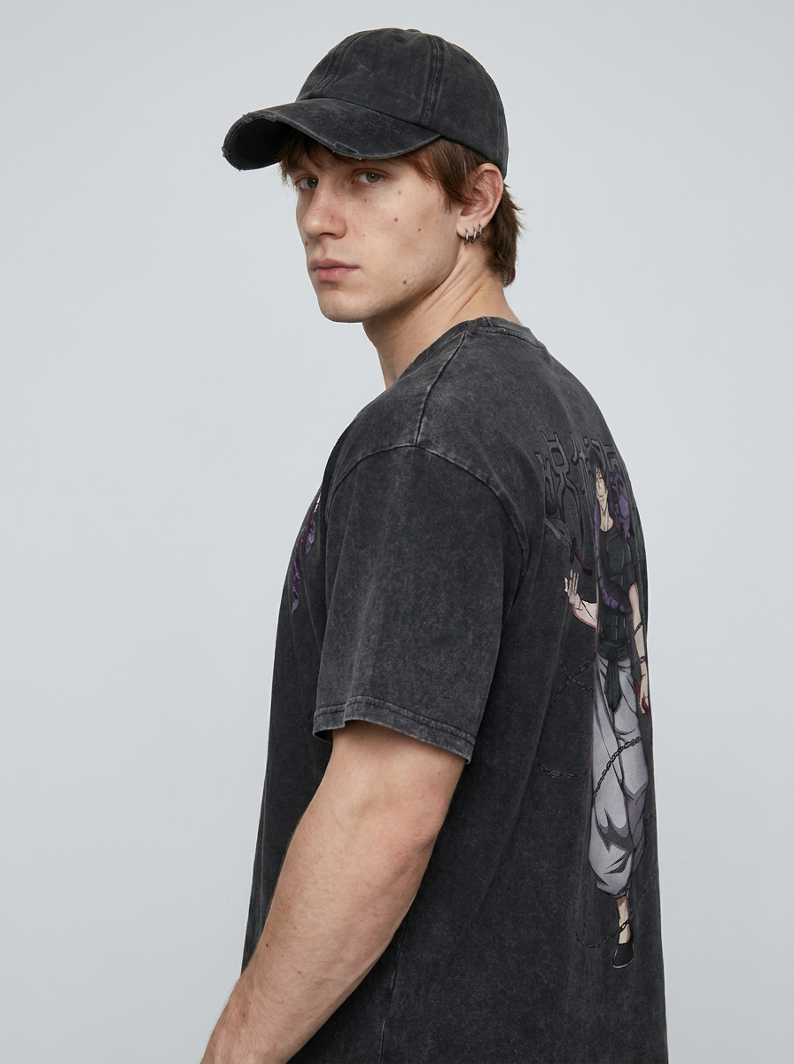 Washed vintage T-shirt street hip-hop anime - KT0O1BY3U side view on model — oversized washed cotton t-shirt | Tempus Arc premium anime streetwear