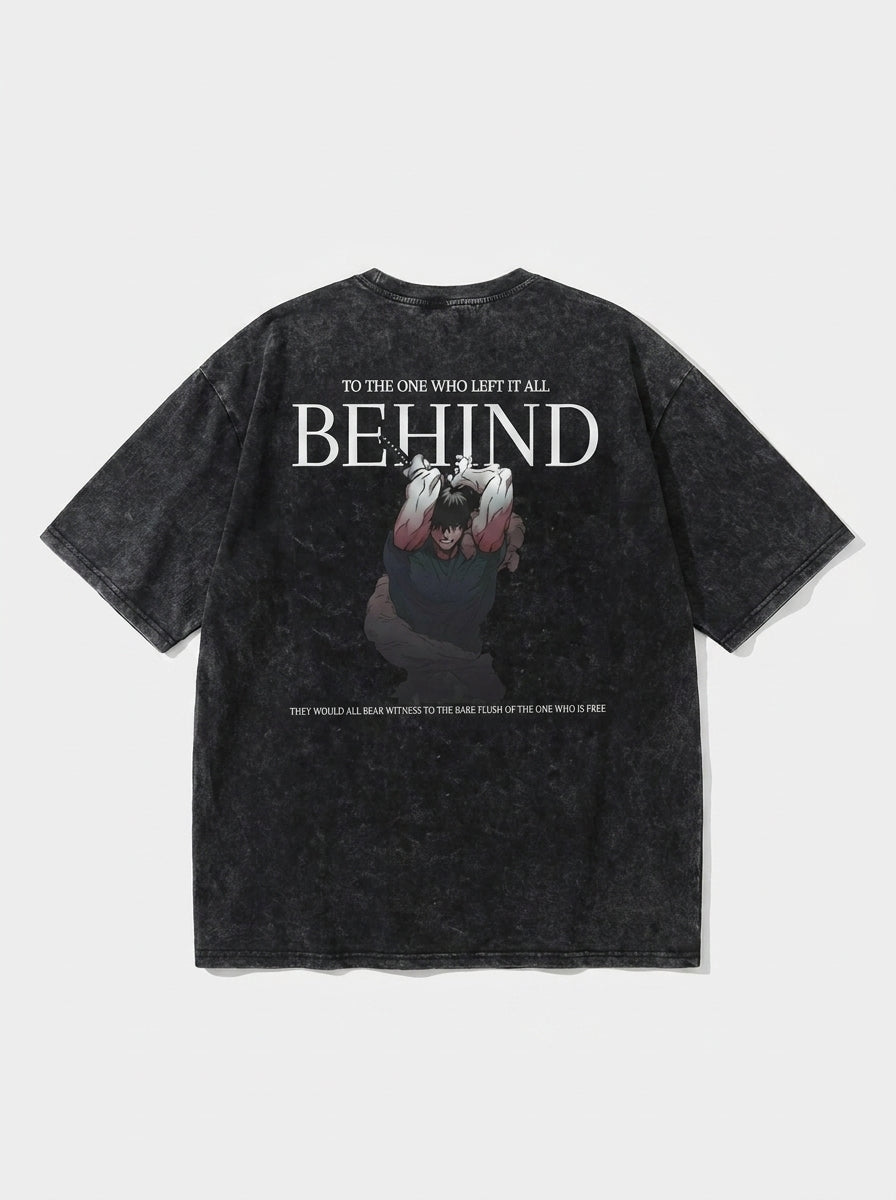Washed vintage T-shirt street hip-hop anime - N0SQH4P5M flat lay — washed black oversized anime t-shirt | Tempus Arc premium anime streetwear