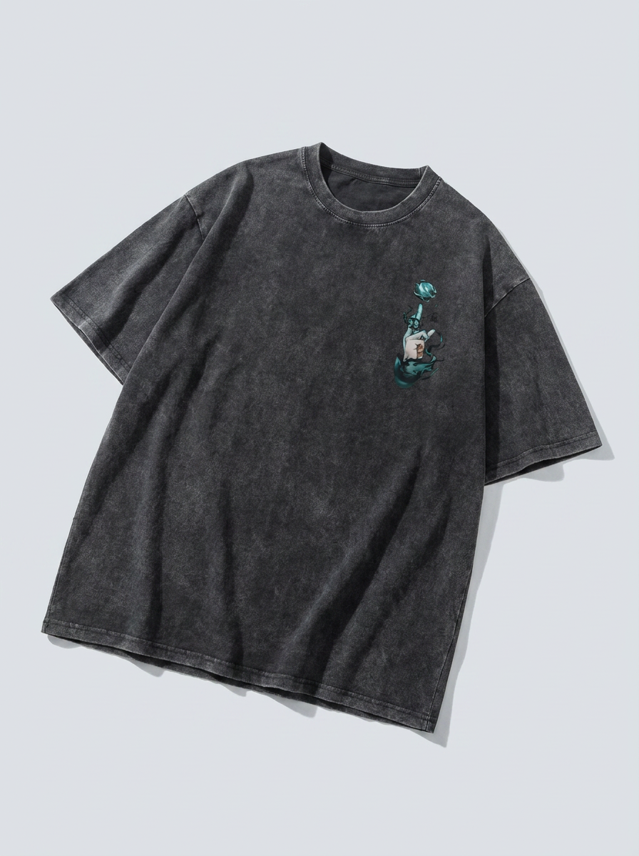 Washed vintage T-shirt street hip-hop anime - 4KUY0RZCG angle perspective shot — vintage washed cotton t-shirt | Tempus Arc premium anime streetwear