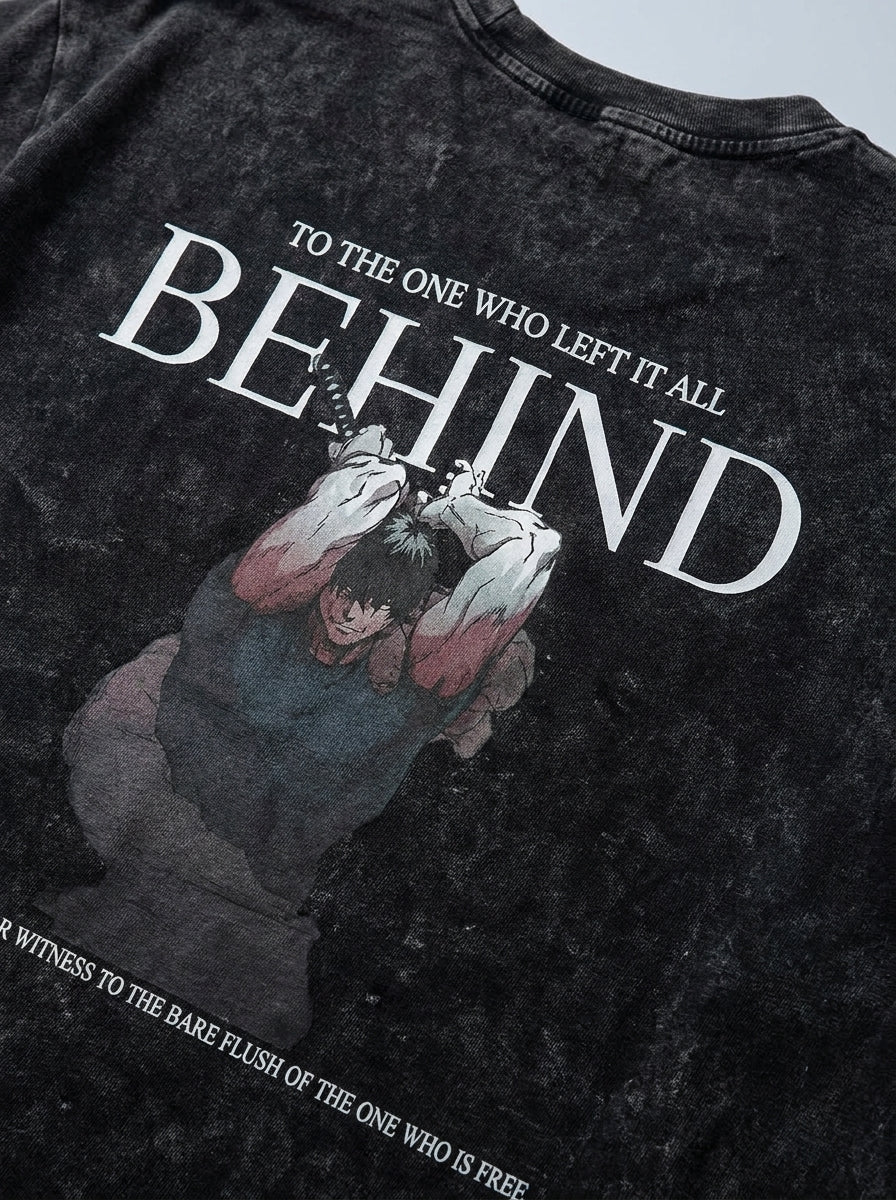 Washed vintage T-shirt street hip-hop anime - N0SQH4P5M print detail close-up — vintage washed mineral cotton | Tempus Arc premium anime streetwear