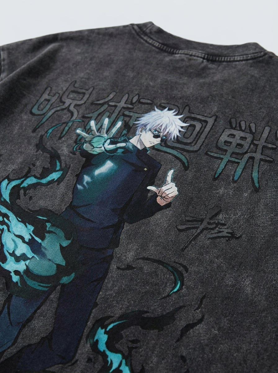 Washed vintage T-shirt street hip-hop anime - 4KUY0RZCG print detail close-up — vintage washed mineral cotton | Tempus Arc premium anime streetwear