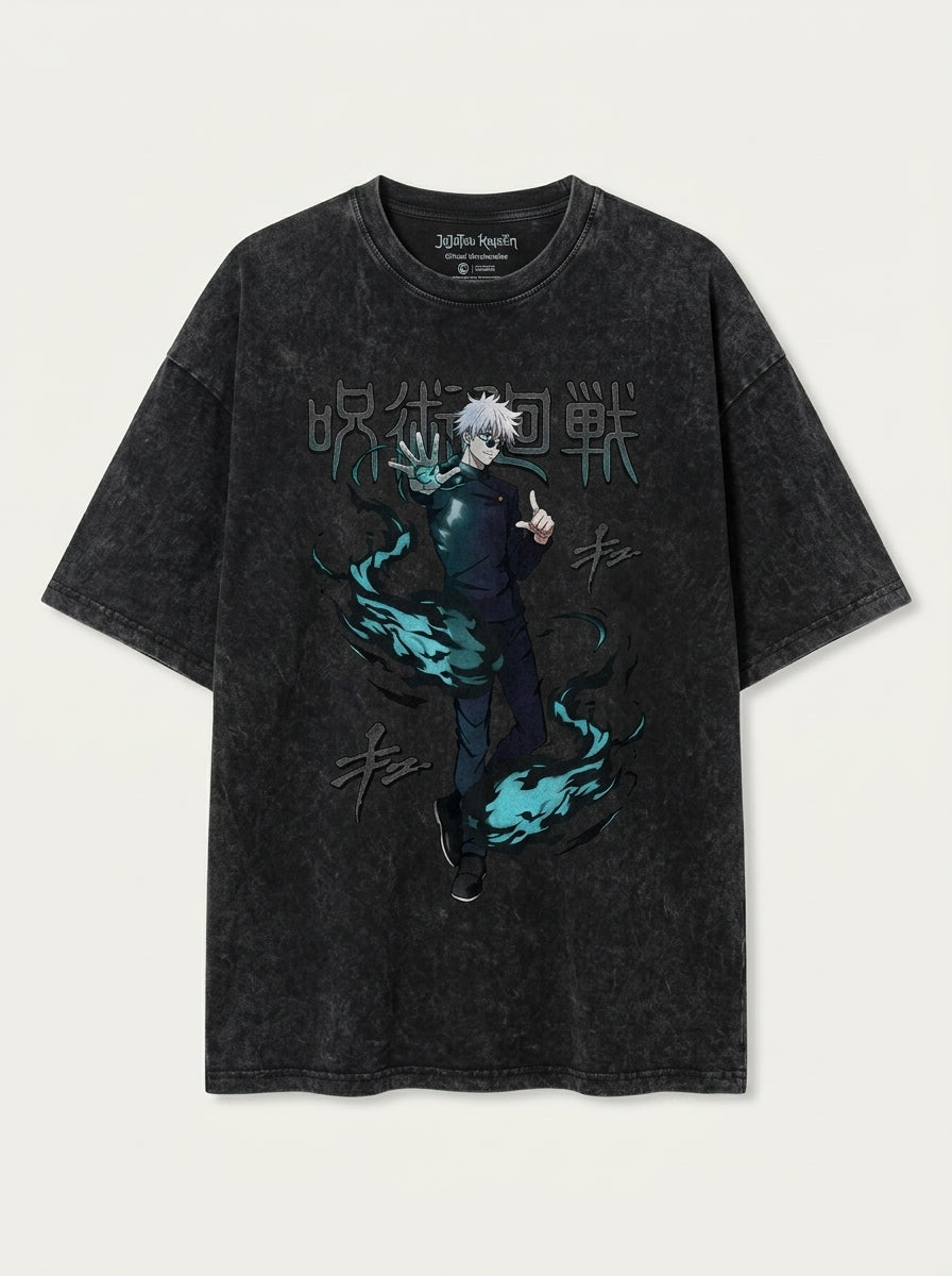Washed vintage T-shirt street hip-hop anime - 4KUY0RZCG flat lay front view — washed black oversized t-shirt | Tempus Arc premium anime streetwear